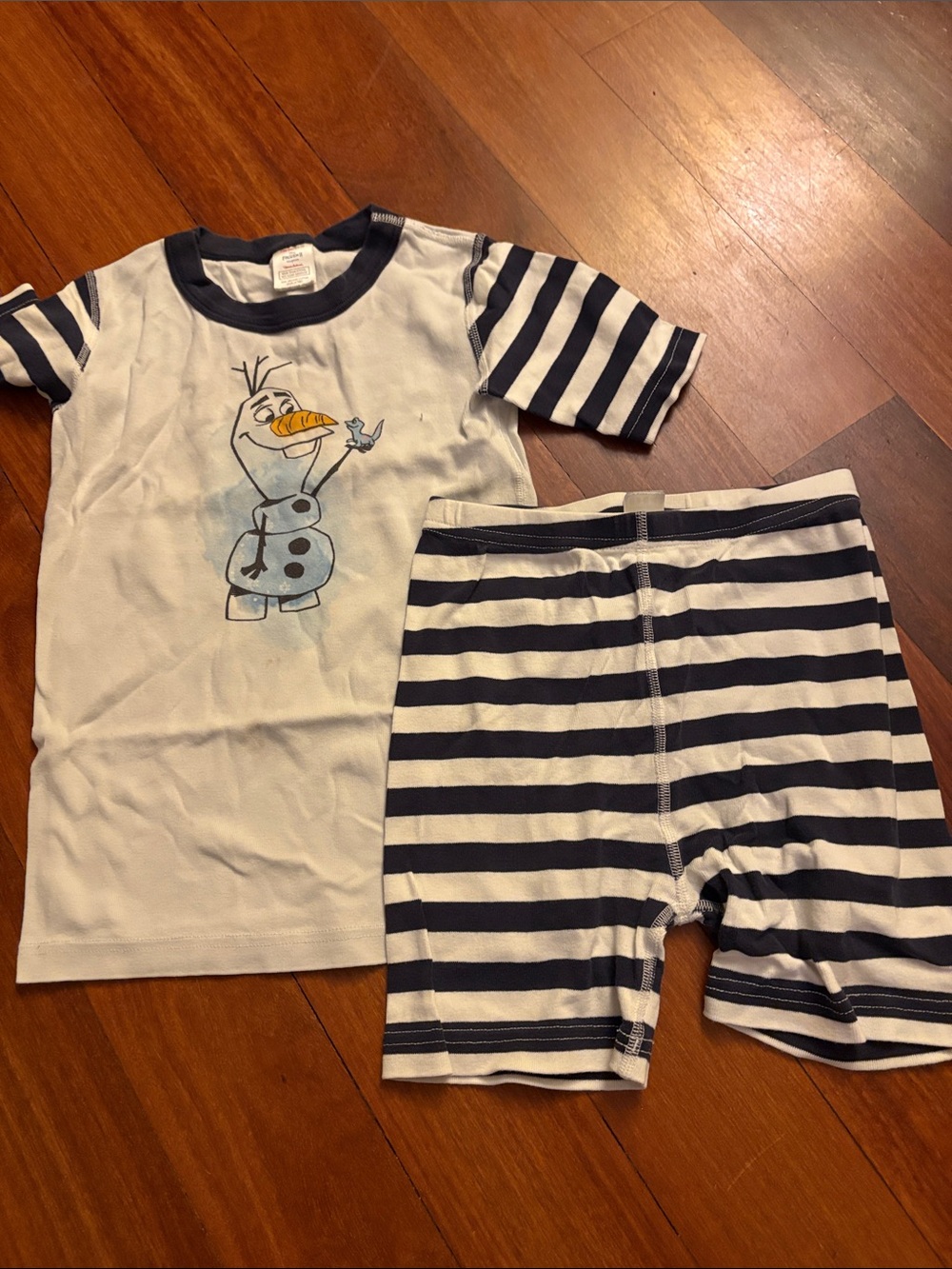 Hanna Andersson White Tee with Olaf & Navy Striped Shorts Pajama Set